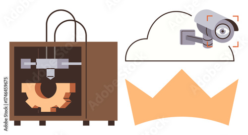 3D printer creating a gear, cloud symbol, surveillance camera, and crown representing innovation, data storage, security, technology leadership, manufacturing innovation and privacy. Ideal