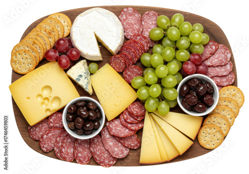 Isolated cheese and charcuterie board featuring variety of cheeses, fruits, and crackers