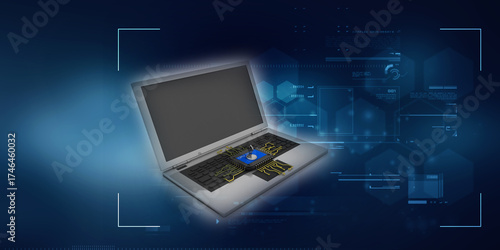 3d render Laptop computer with microchips