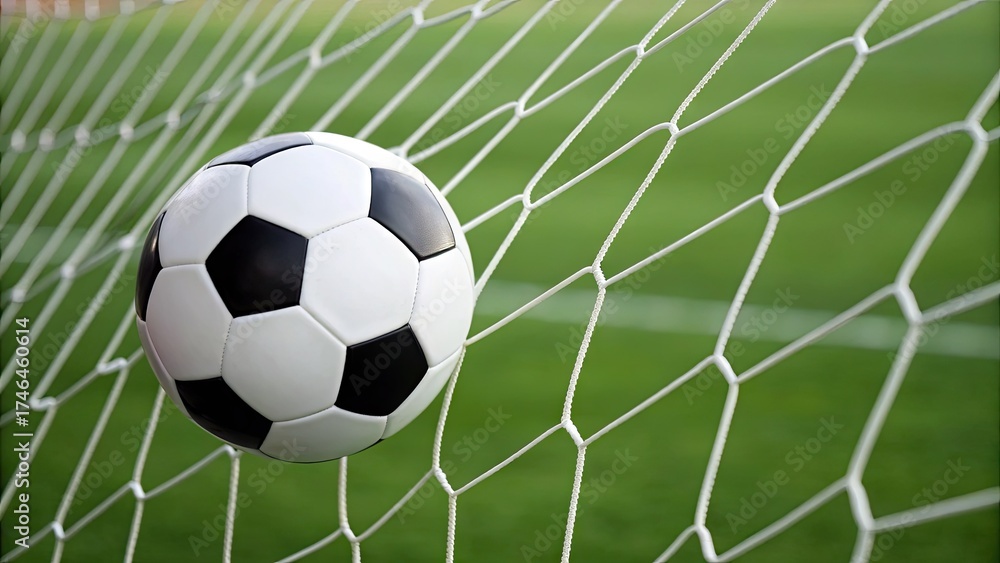 Naklejka premium Soccer ball in net success, perfect goal, competitive sport, field