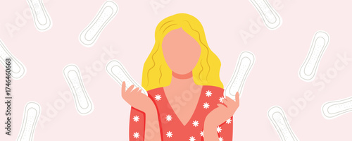 Woman holding sanitary pads with flying pads background. Women’s period and menstruation concept
