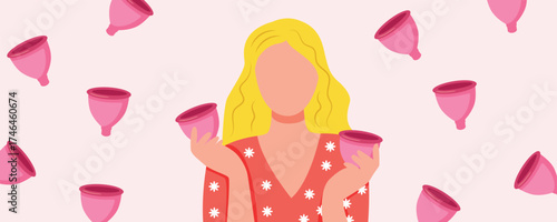 Woman holding menstrual cups with flying cups background. Women’s period and menstruation concept