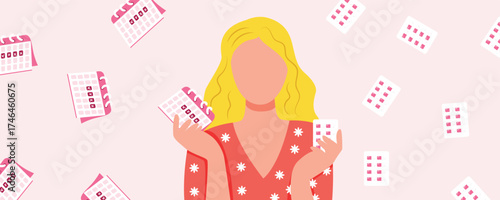 Girl holding menstrual calendar and painkillers with flying pills and calendar background. Menstrual period and women’s health