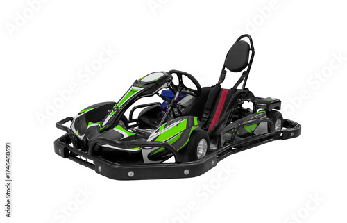 Fotografie Side view empty Black Go-Kart, Racing Kart, kart, karting Decorated with green s