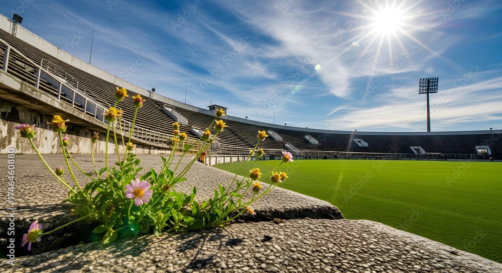 Fototapeta premium Empty stadium seating with green field and bright sunlight