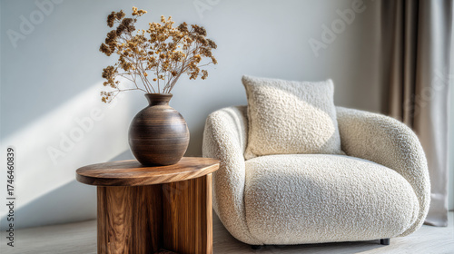 Cozy beige armchair with wooden legs and a round table featuring dried flowers, creating a warm and inviting atmosphere in a modern minimalist interior.