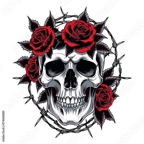 Red Rose Skull illustration, halloween illustration