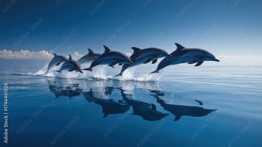 Fototapeta premium Group of dolphins leaping gracefully over ocean surface in clear blue sky