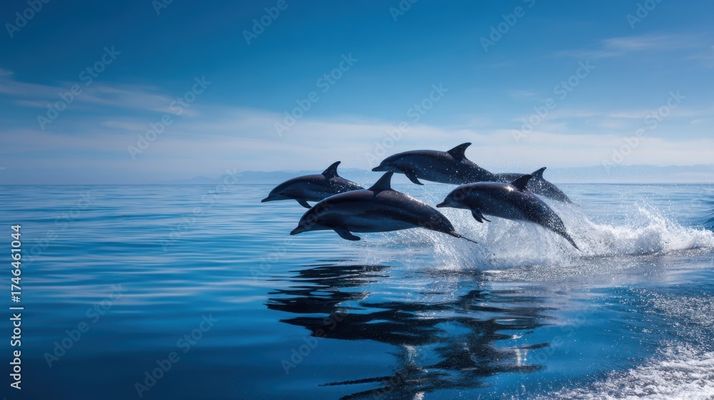 Fototapeta premium Pod of dolphins leaping in sunlit ocean with blue sky and serene waters