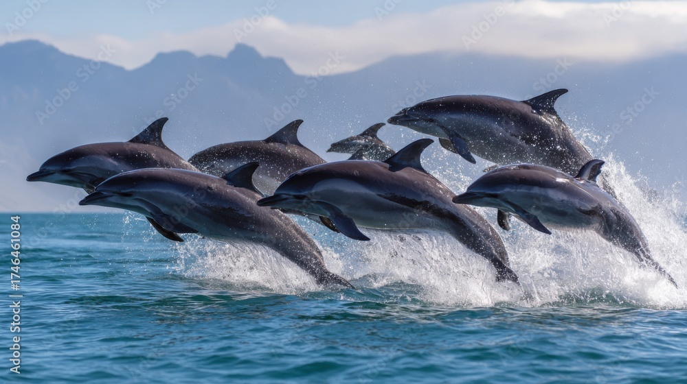 Fototapeta premium Group of dolphins leaping in ocean against mountainous backdrop