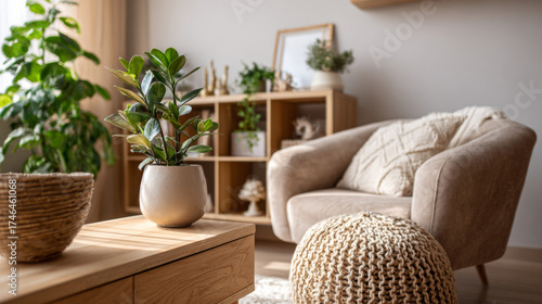 Cozy living room featuring a beige armchair, wooden coffee table, and potted plant, creating a warm and inviting atmosphere.