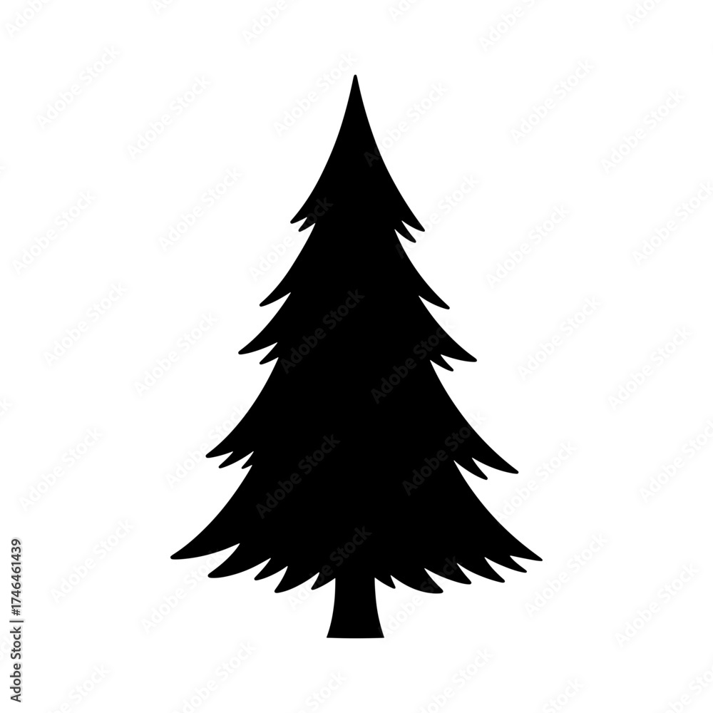 Obraz premium Illustration of a single black christmas tree silhouette with distinct branches on a white background plain
