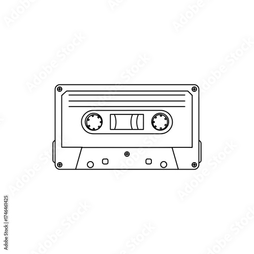 A simple line drawing of a cassette tape with reels and screw details on a white background image view