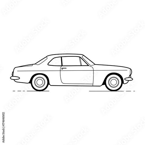 Side view outline of a classic coupe car with round headlights and visible wheels on a white background