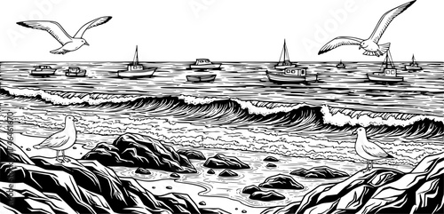 
Panoramic beach view with seagulls and boats. Vector panoramic illustration of the seaside with waves and rocks. Black and white sea sketch