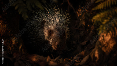A spiny mammal peeks from its burrow in warm low light, showcasing sharp quills and intimate nocturnal detail.
