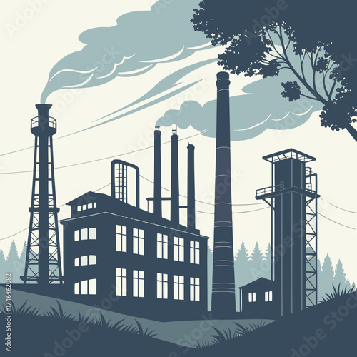 Illustration depicting industrial pollution and environmental impact of factories