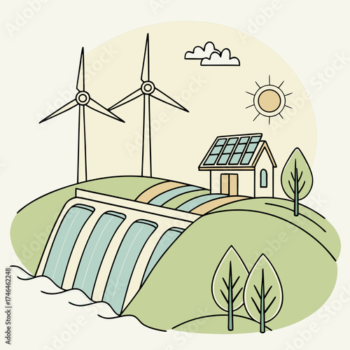 Illustration of sustainable energy sources including wind, solar, and hydro