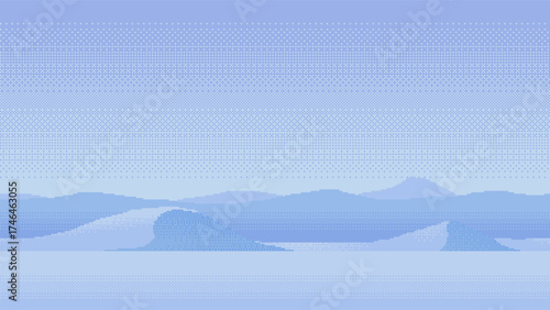 Frozen pixel art landscape with snowy mountains and clear sky