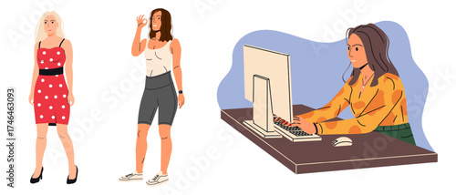 Set of three standing women and a woman working on a computer. Diverse female characters for various illustration needs.