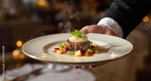 Served food Hand holding a plate with steaming meat dish, blurry lights