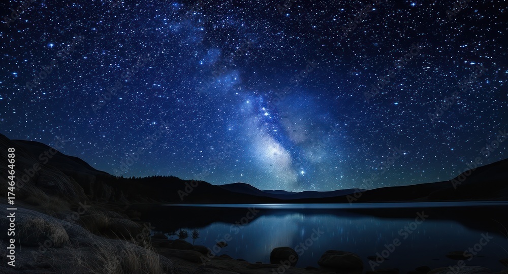Fototapeta premium Starlit sky over lake, dark rocks and shore in foreground. Night scene
