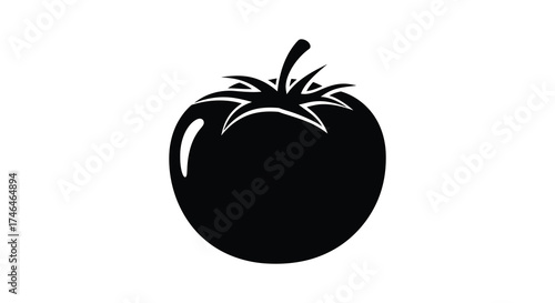 Bold silhouette of a ripe tomato with stem and leaves ideal for food designs silhouette