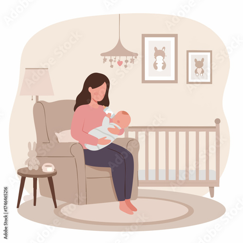 Tender illustration of a mother lovingly feeding her newborn baby in a peaceful nursery setting, capturing the beautiful bond of early motherhood and infant care