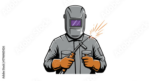 Welder in protective gear with welding torch and sparks, illustration of skilled tradesperson