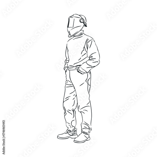 Welder in protective gear standing confidently in workshop setting. Vector illustration