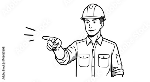 Construction worker in hard hat pointing forward with lines indicating communication or direction