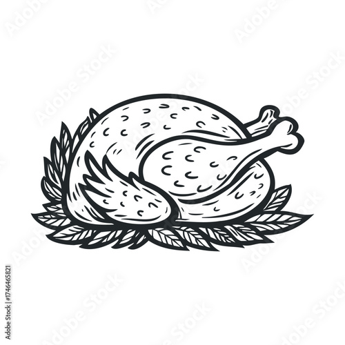 Roast turkey on a decorative platter for festive celebration. Vector illustration