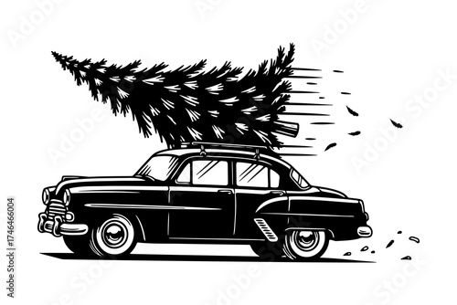 A classic car, rendered in black and white, speeds along with a Christmas tree strapped to its roof, creating a festive scene.