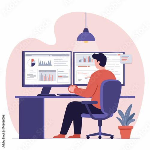 Professional working on dual computer monitors, analyzing business data and financial reports to optimize workflow and enhance productivity in a modern work environment