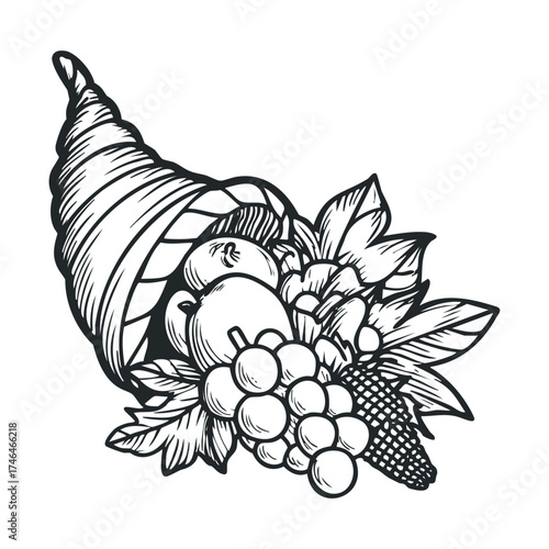 Harvest cornucopia filled with fresh fruits and leaves. Vector illustration