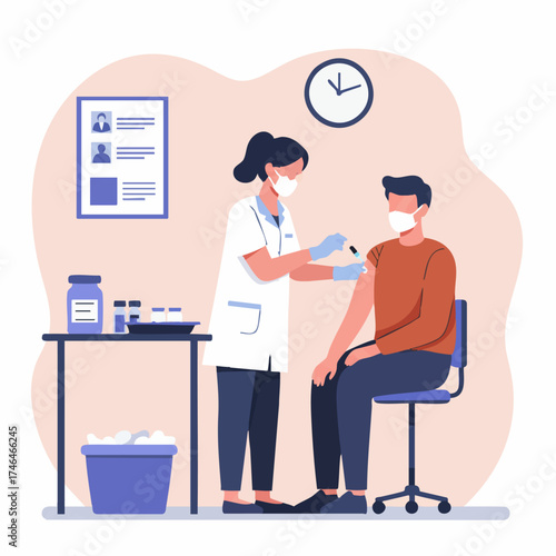 Healthcare worker in a protective mask and gloves giving a vaccine injection to a young man in a medical clinic