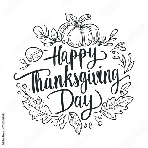 Happy Thanksgiving Day greeting with pumpkin and autumn leaves design. Vector illustration