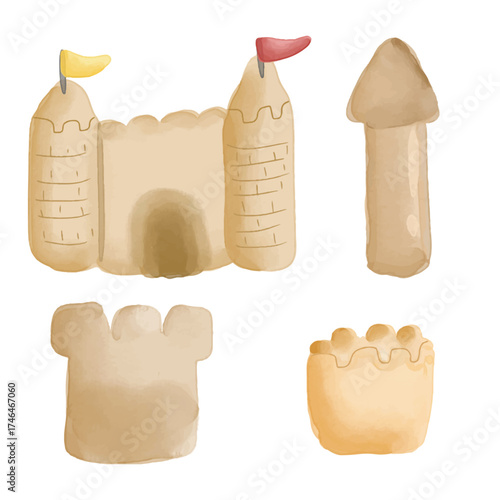 Sand Castles with flag various set isolated on white background. Watercolor style illustration of castle with tower made from yellow sand for summer seashore recreation concept.  