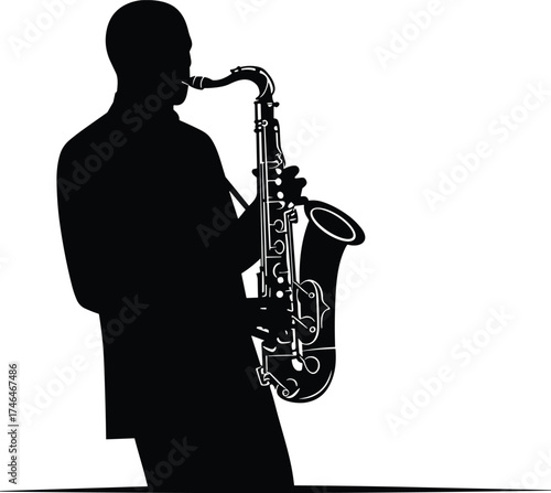 Saxophone player silhouette, jazz musician illustration, musical performance design, artistic music icon, cultural expression artwork, modern performing arts graphic