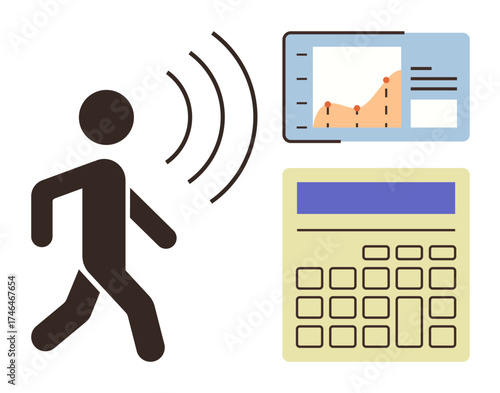 Person walking with waves symbolizing data transmission beside chart analysis and calculator. Ideal for technology, communication, innovation, analytics, smart devices, mobility, efficiency. Simple