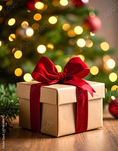 Wallpaper Mural Christmas Gift Box with Red Bow and Pine Cone Accent, Holiday Present on Wooden Table with Blurred Ornament Tree Lights Torontodigital.ca