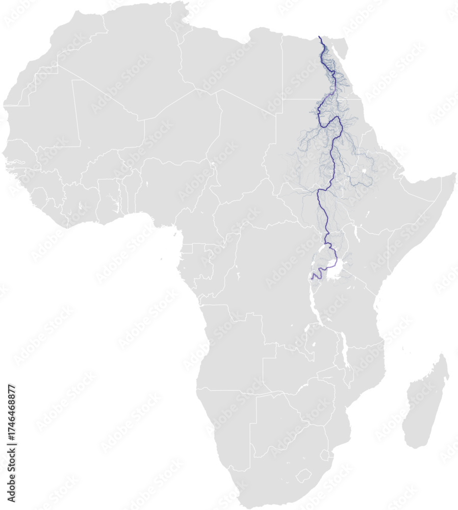 Fototapeta premium Nile river system – rivers vector map of Africa highlighting main stem, primary and secondary tributaries (AEA, scaled by river size, PPT-compatible, multi-layered & fully editable)
