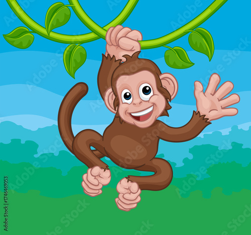 A monkey cartoon character singing on jungle vines and waving