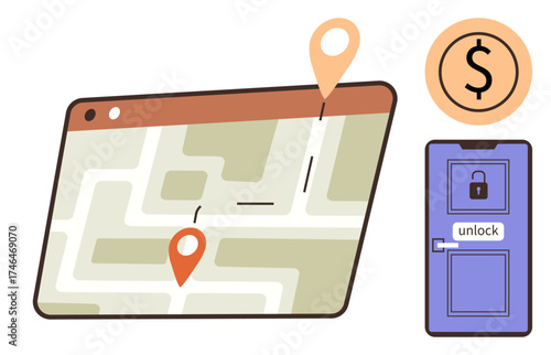 Map with location pins on digital window, dollar coin, locked door with unlock. Ideal for navigation, security, payment, technology, accessibility savings online service themes. Simple flat