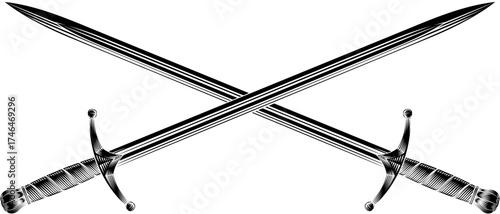 Illustration of two crossed medieval swords. Original illustration in a vintage retro engraving woodcut style. Suitable for use in heraldry
