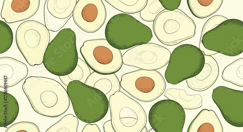 A repeating pattern of whole and sliced avocados.