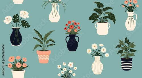 A collection of potted plants and flowers in various vases.