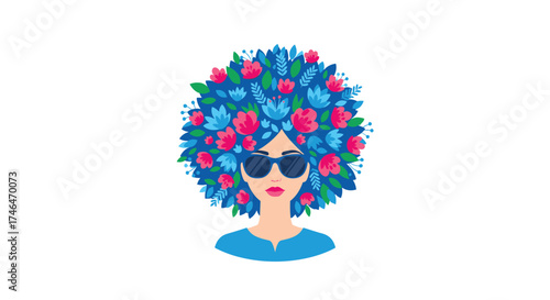 A woman with a floral afro hairstyle wearing sunglasses.