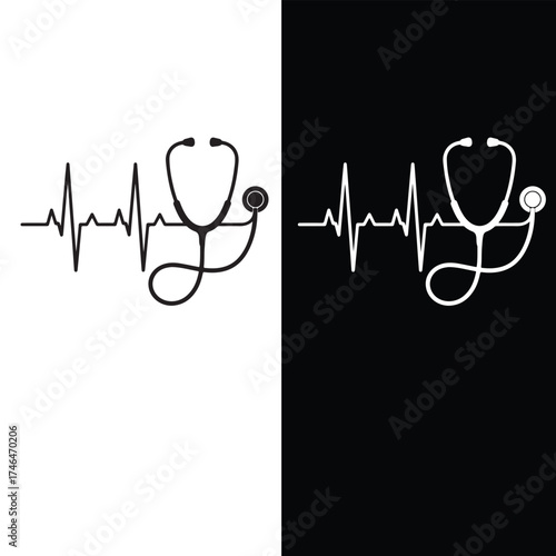 Minimal ECG Stethoscope Silhouette Black and White Medical Icon