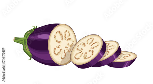 Slices of fresh eggplant on a white background.